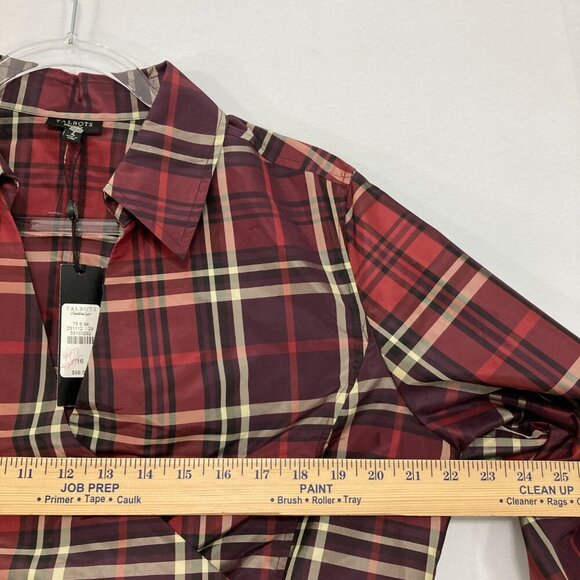 New Talbots size 16 Burgundy Plaid Faux Wrap Pure Silk Taffeta Office Blouse - Picture 7 of 12